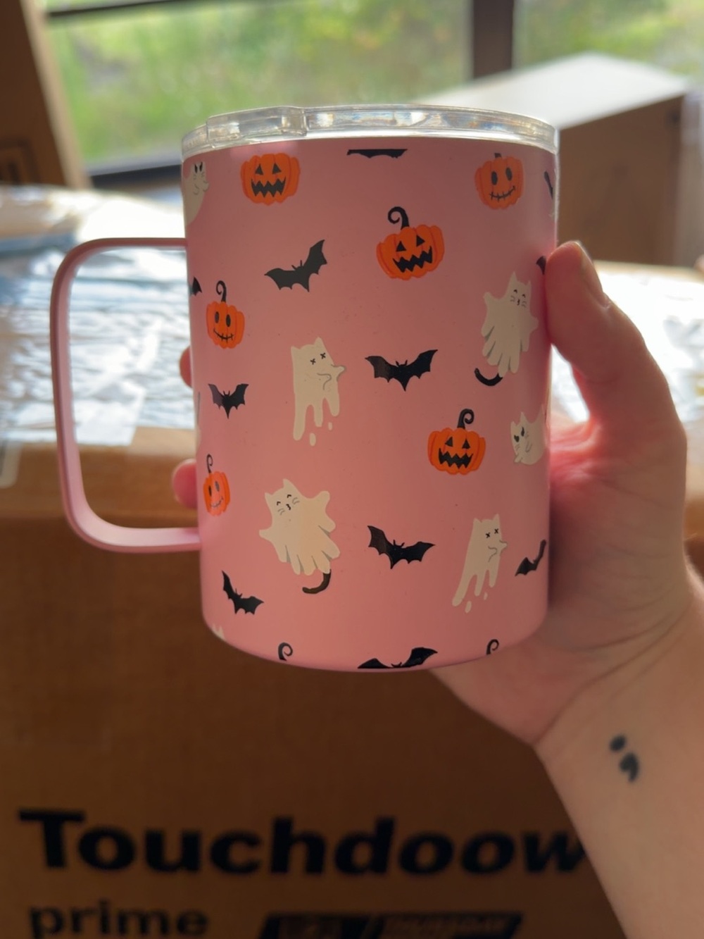 Pink Halloween Cat & Pumpkin Travel Mug